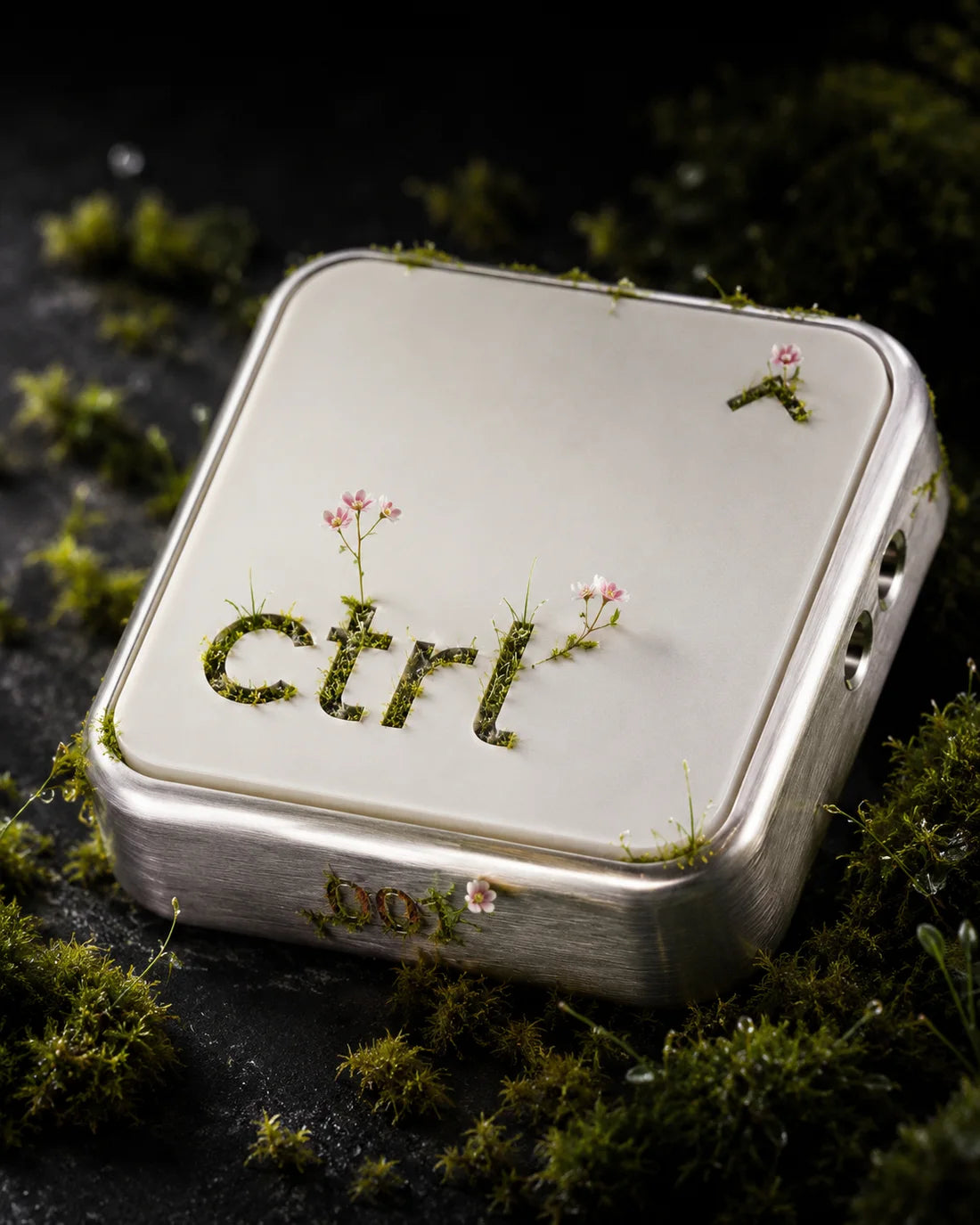 Close-up of the ctrl key with moss and tiny wildflowers growing from the engraving