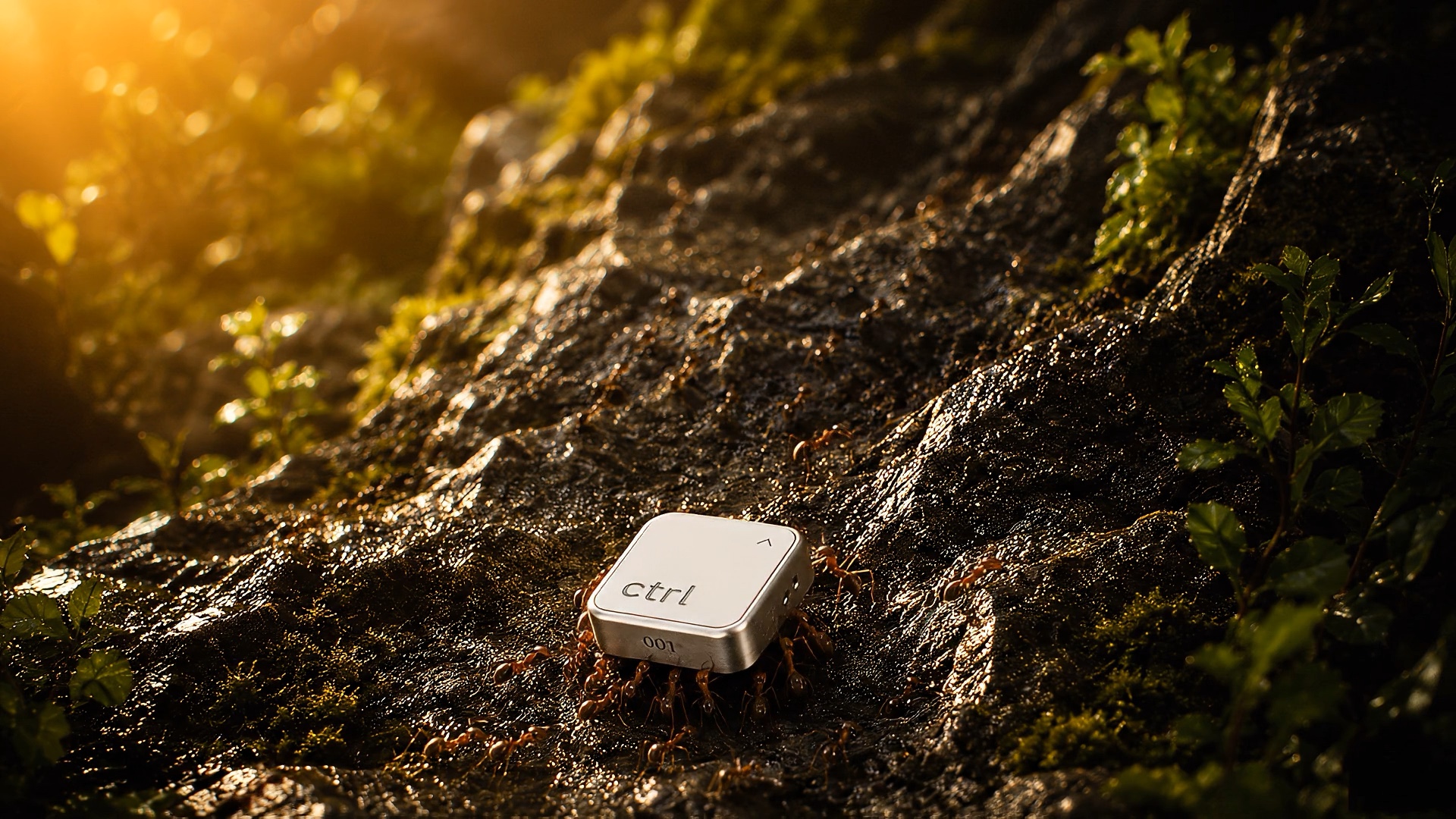 Der ctrl key auf einem moosigen Stein in warmem Abendlicht