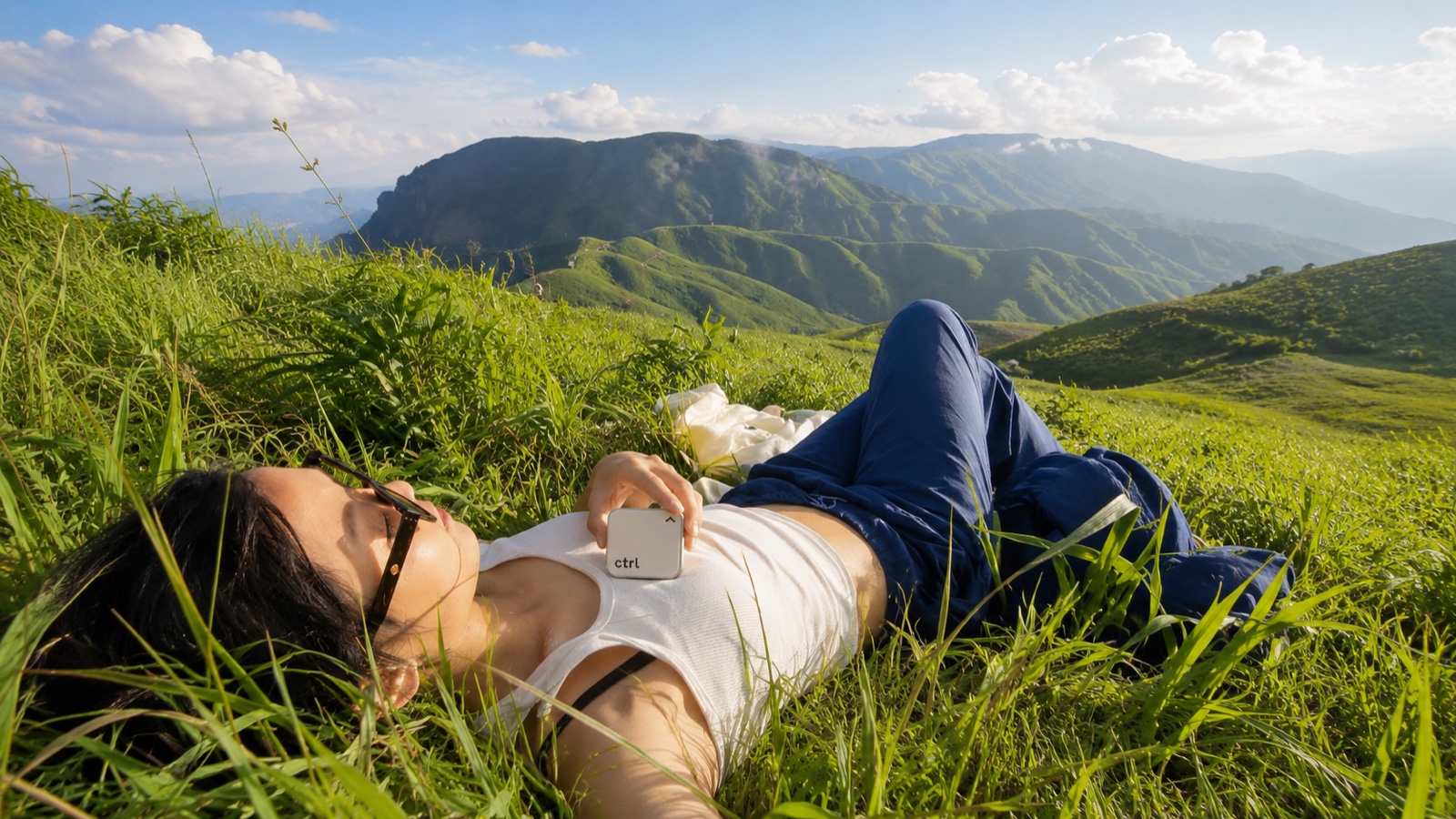 Woman lying in a green mountain meadow with the ctrl key resting on her chest
