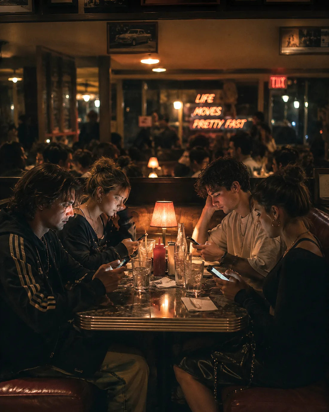 Ein Restaurant am Abend, an jedem Tisch leuchten Handys