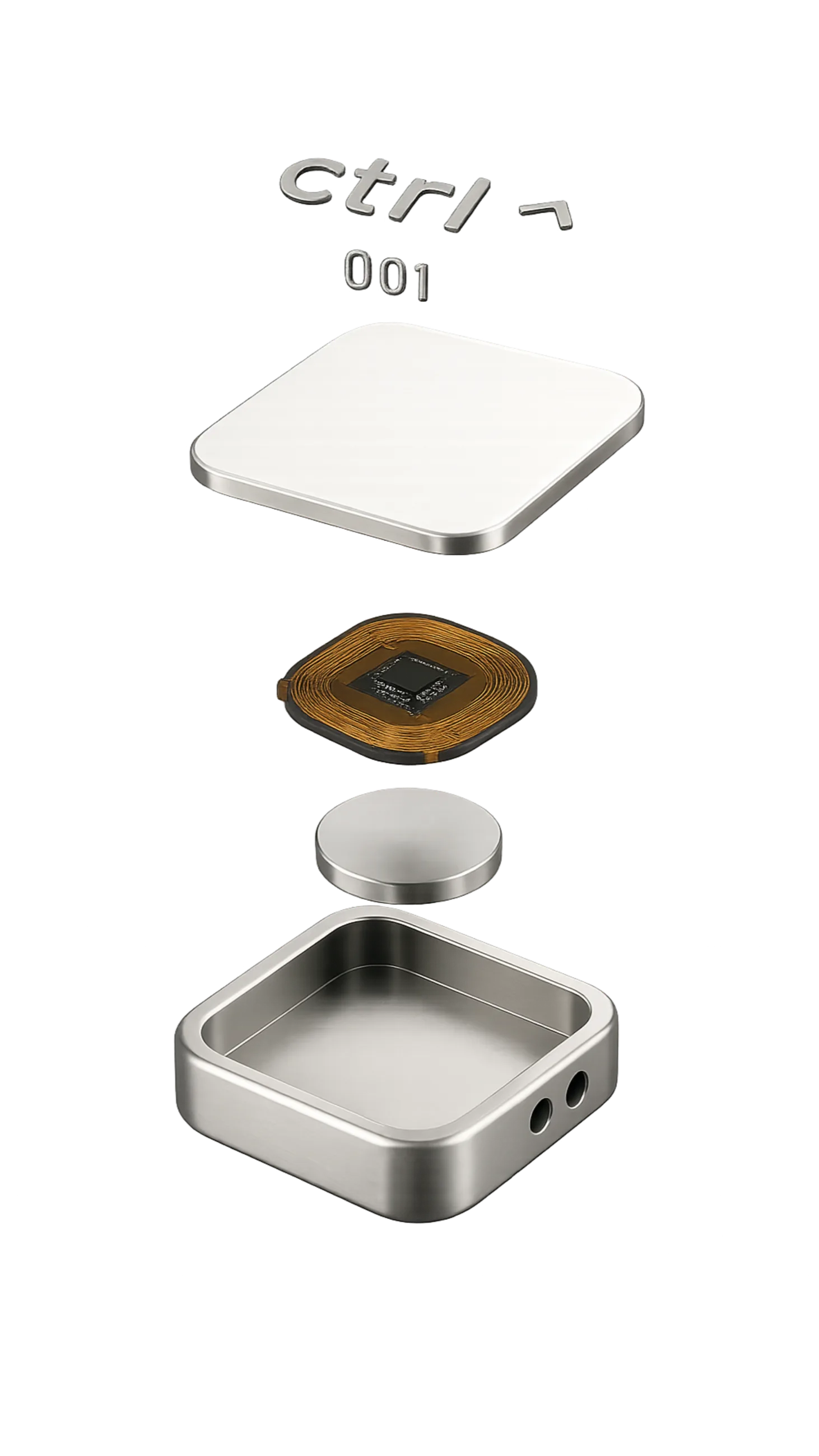 Explosionsansicht des ctrl key mit Keramik-Kappe, NFC-Spule, Gewichtsscheibe und Aluminiumhülle