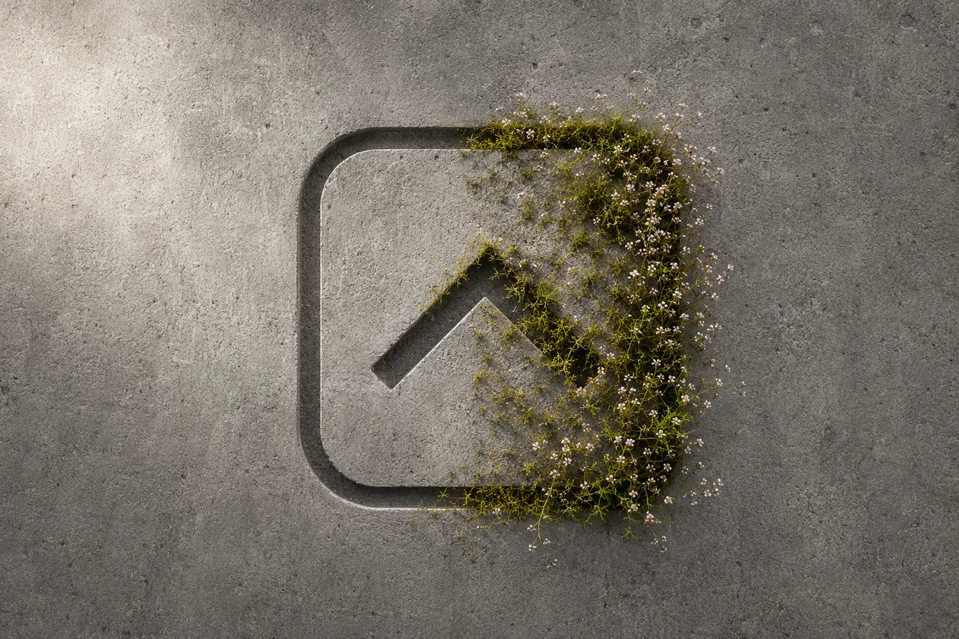 Das ctrl-Logo in einer Betonwand, halb überwachsen von Moos und kleinen Wildblumen