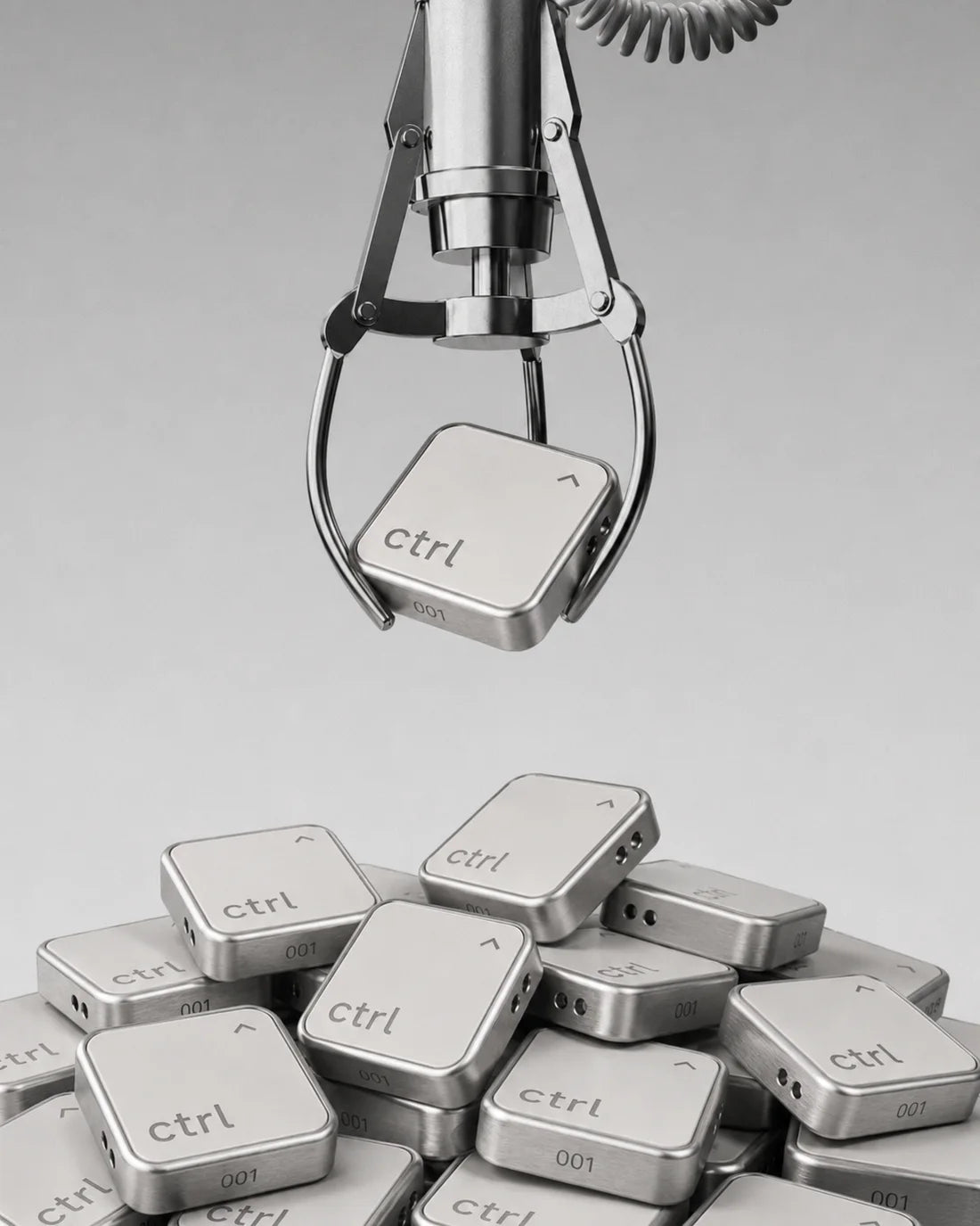 Ein Greifarm hebt einen nummerierten ctrl key aus einem Haufen von 1.000
