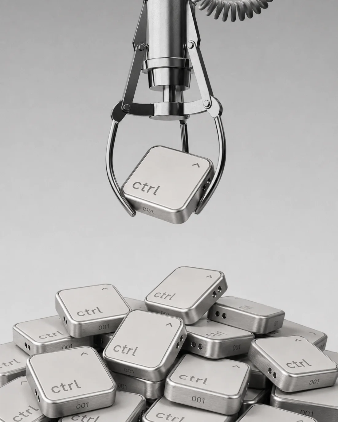 Ein Greifarm hebt einen nummerierten ctrl key aus einem Haufen von 500