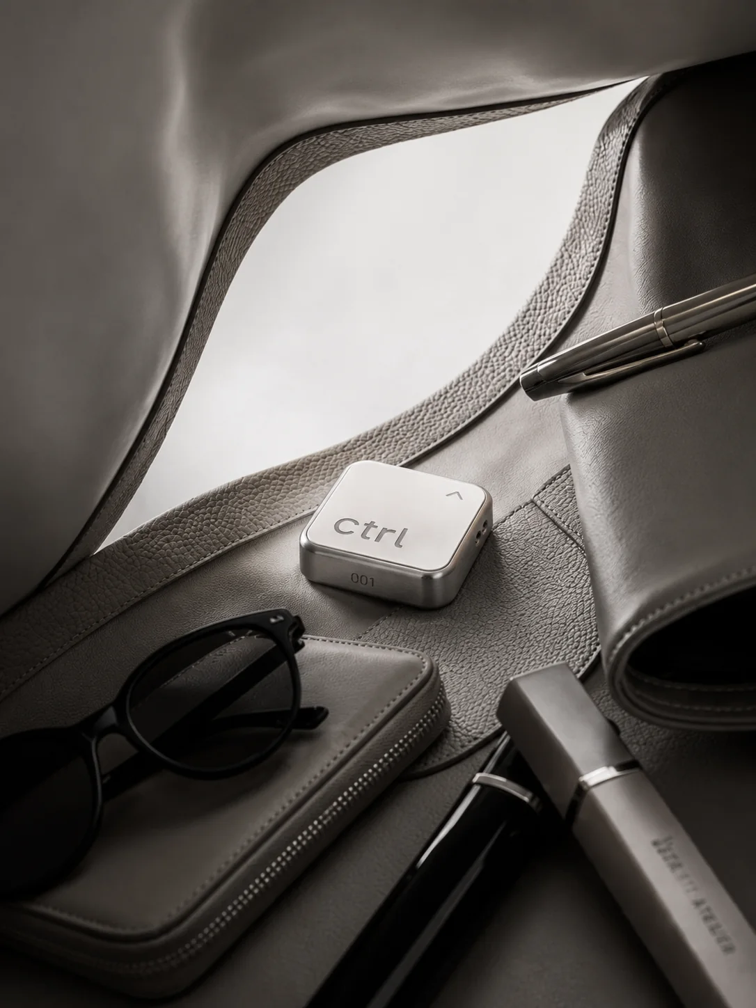 Der ctrl key neben Sonnenbrille und Portemonnaie auf einer Ledertasche