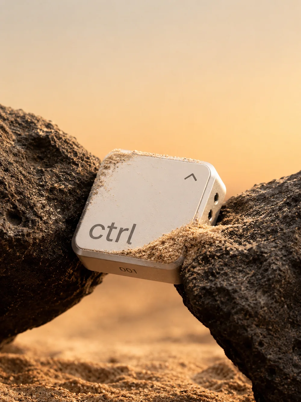 The ctrl key wedged between two rocks in golden evening light