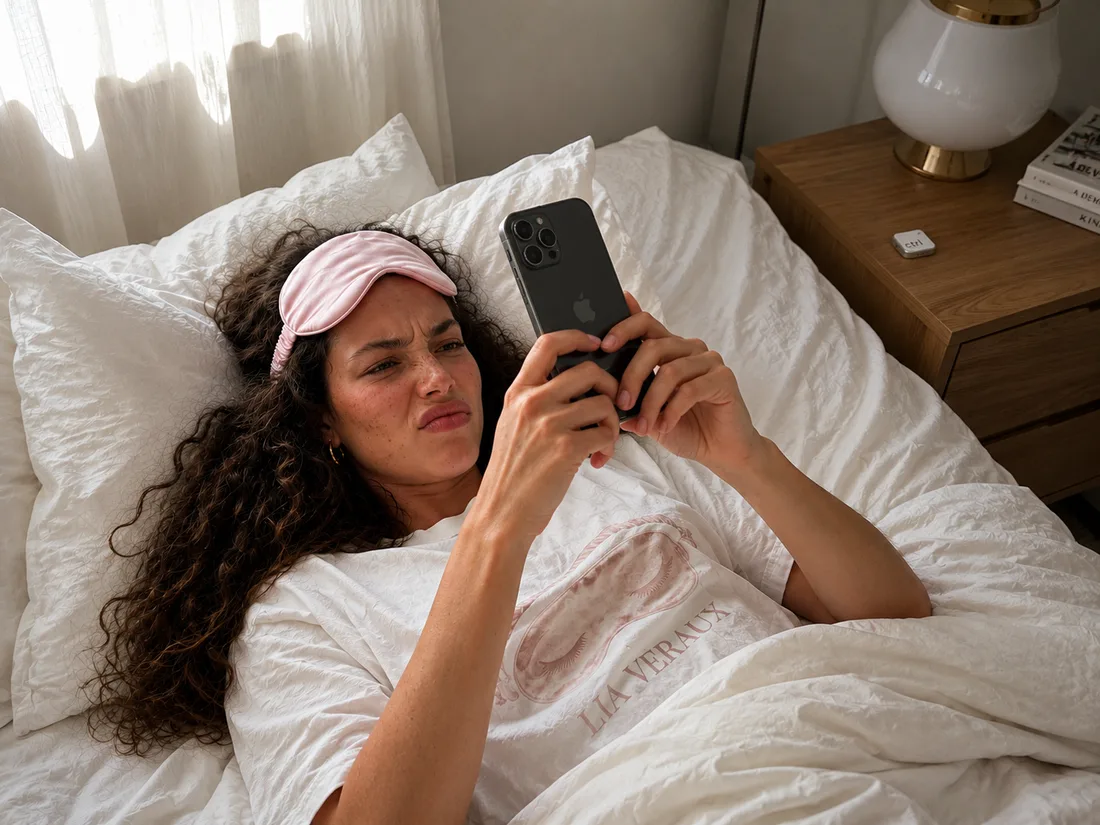 Morning in bed: fed up with the feed, she sets up the ctrl app once, the key waiting on the nightstand